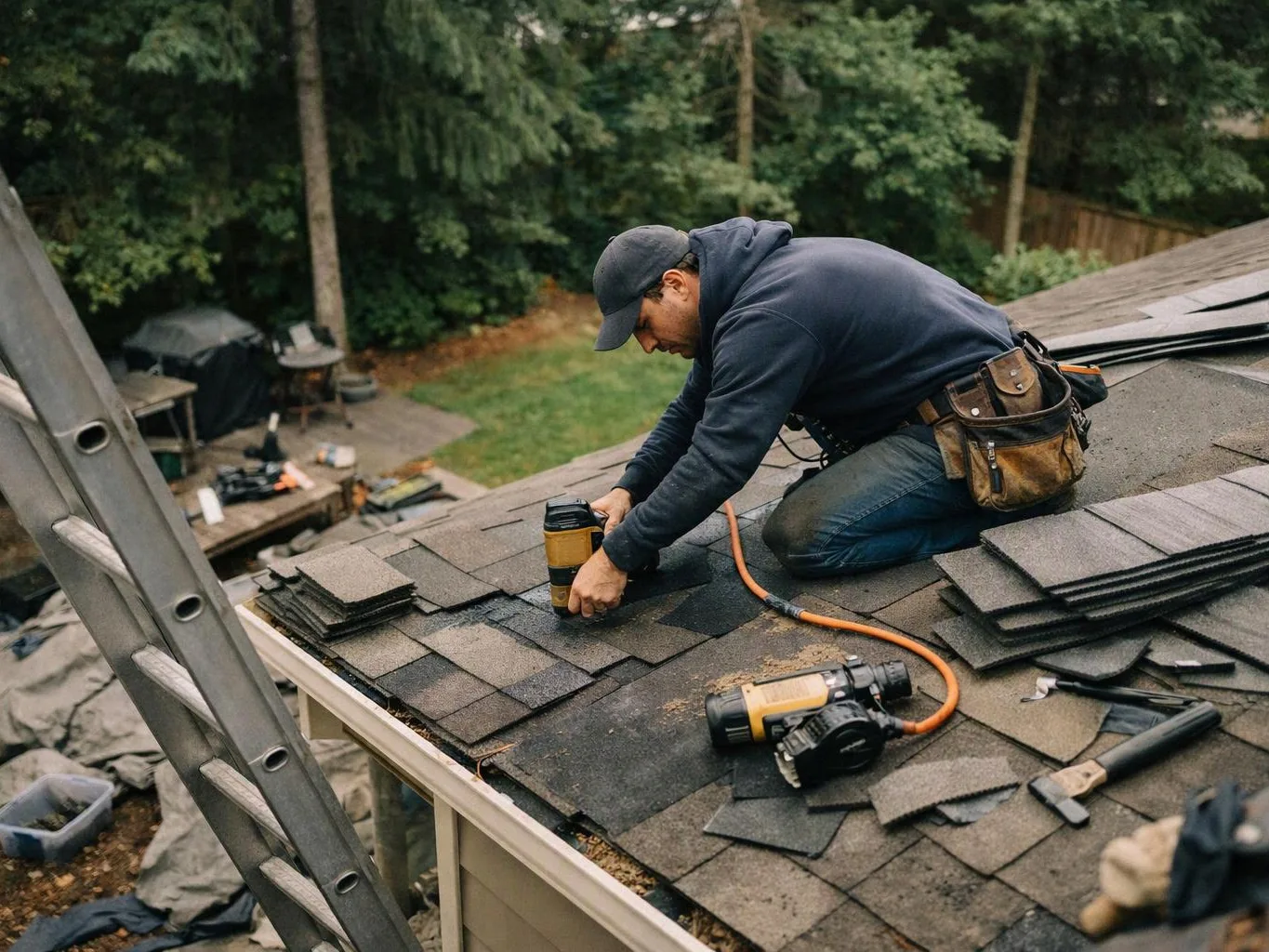 A man kneels on a shingled roof, using a nail gun beside a ladder and scattered roofing tools