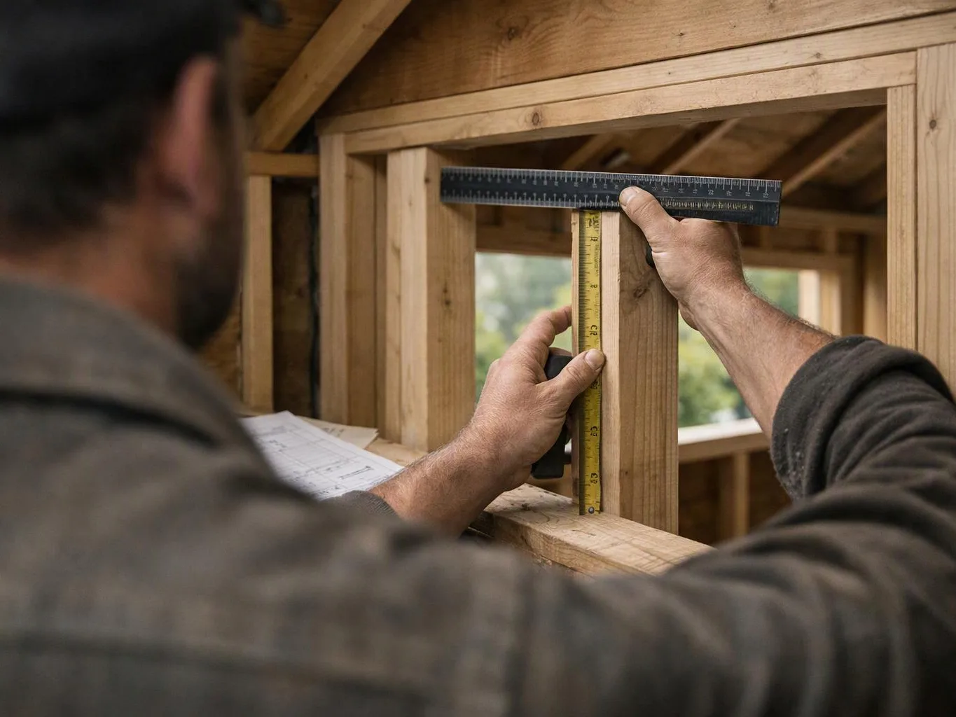 A man measures a wooden wall frame with a ruler and tape measure inside a building under construction