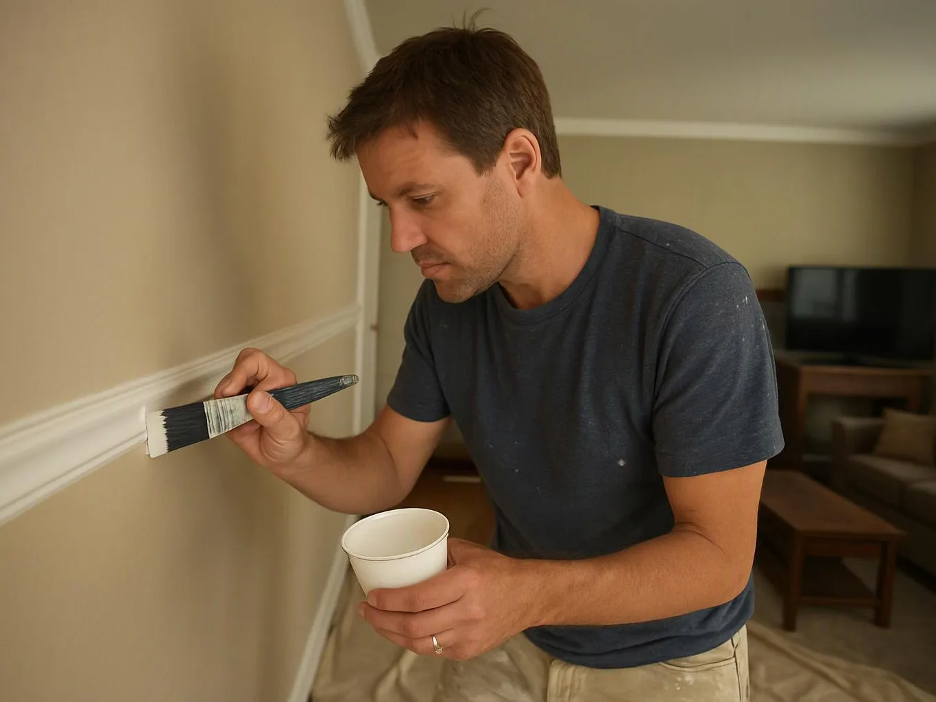 A man paints a beige wall trim with a brush while holding a small cup in a room