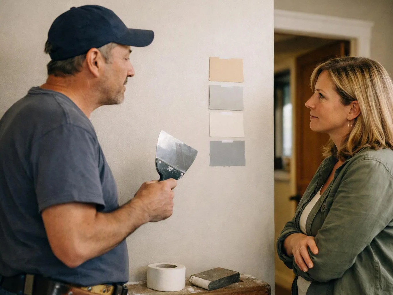 A man with a putty knife speaks to a woman beside paint swatches in a room under renovation