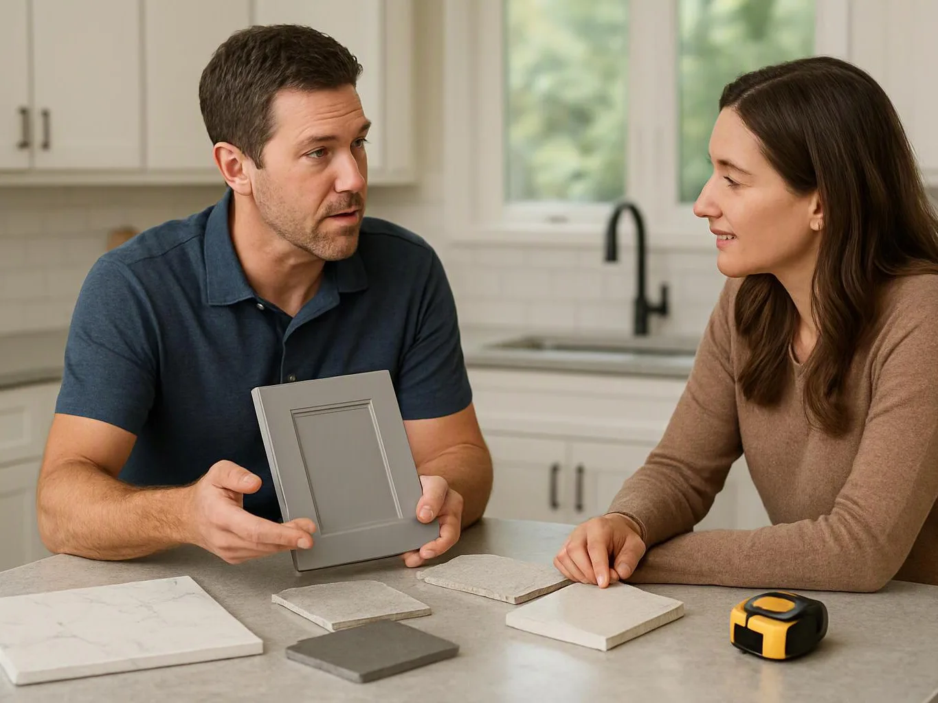 A man shows cabinet samples to a woman at a kitchen counter with tile and paint swatches