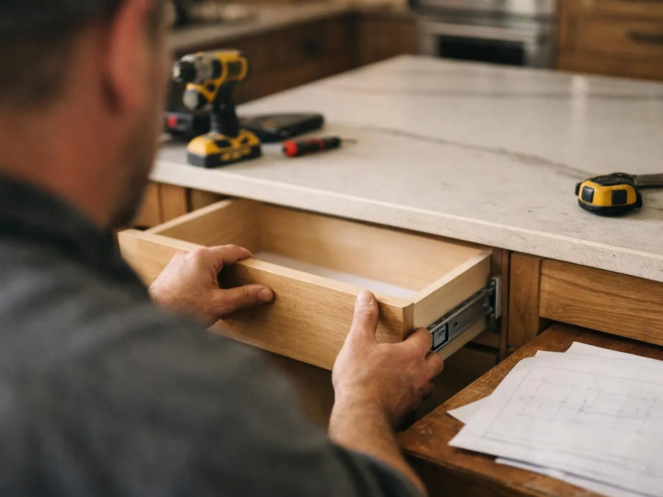 A man slides a wooden drawer into a kitchen cabinet beside tools and paper plans