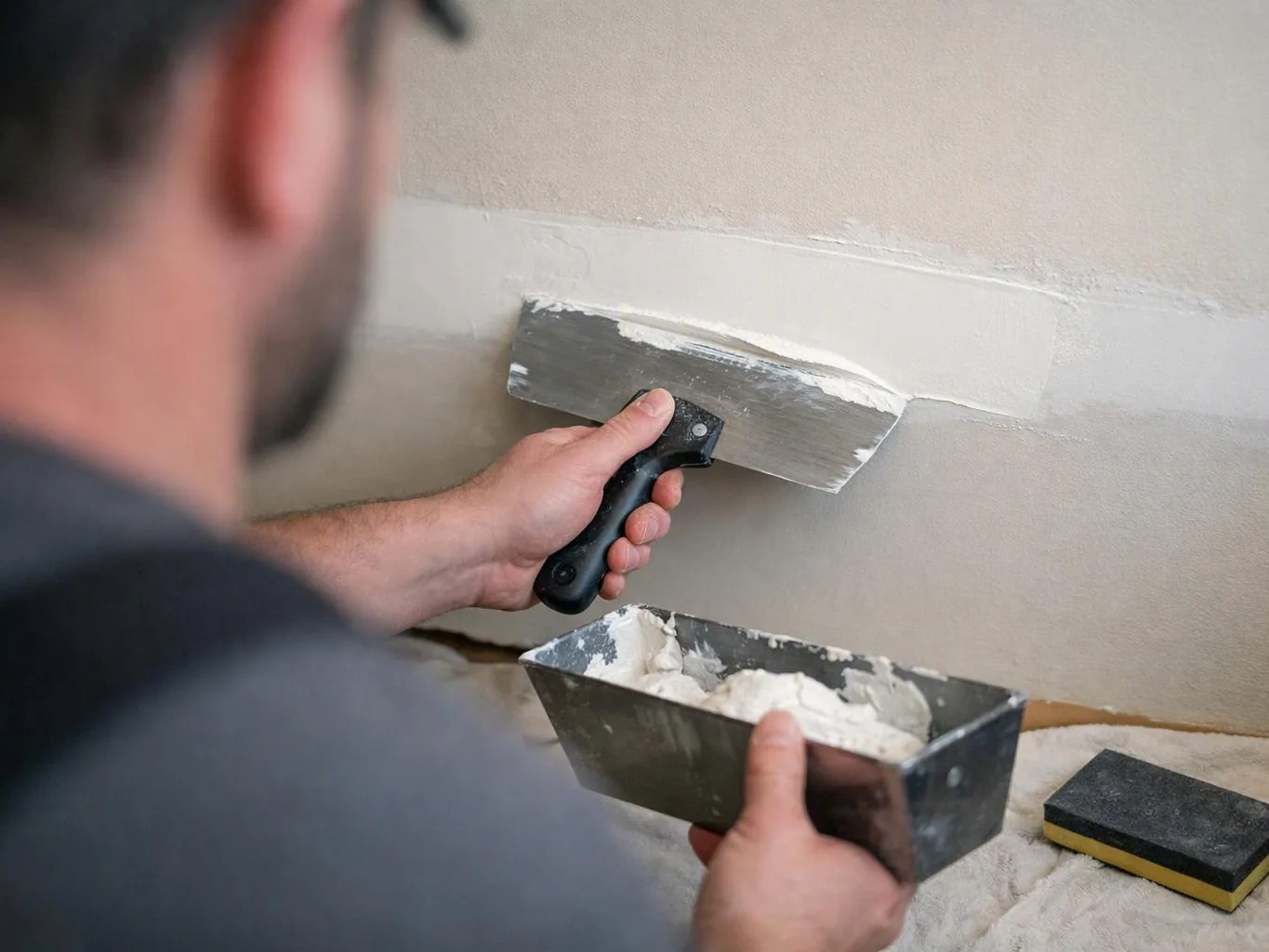 A man spreads joint compound on a wall with a putty knife beside a mud tray and sanding block