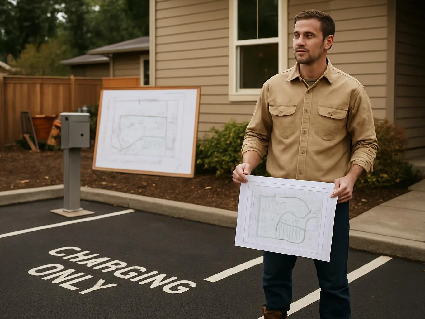 A man stands beside a charging-only parking space, holding a site plan outside a house