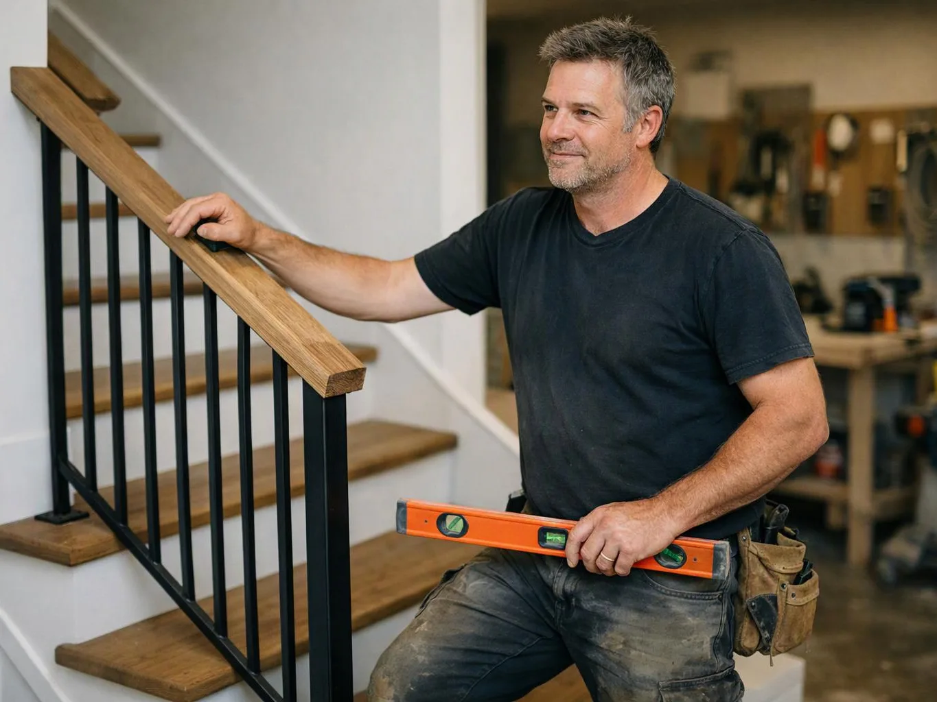 A man stands beside a wooden staircase, holding a level and resting one hand on the railing