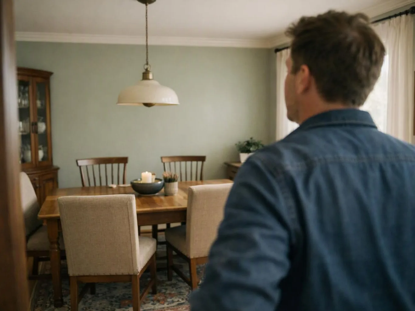 A man stands in a dining room, facing a wooden table, chairs, a hanging lamp, and a glass cabinet