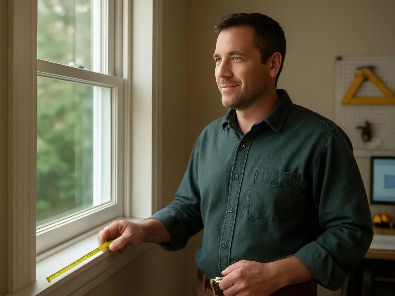 A man stands by a window holding a tape measure in a bright room with tools on the wall