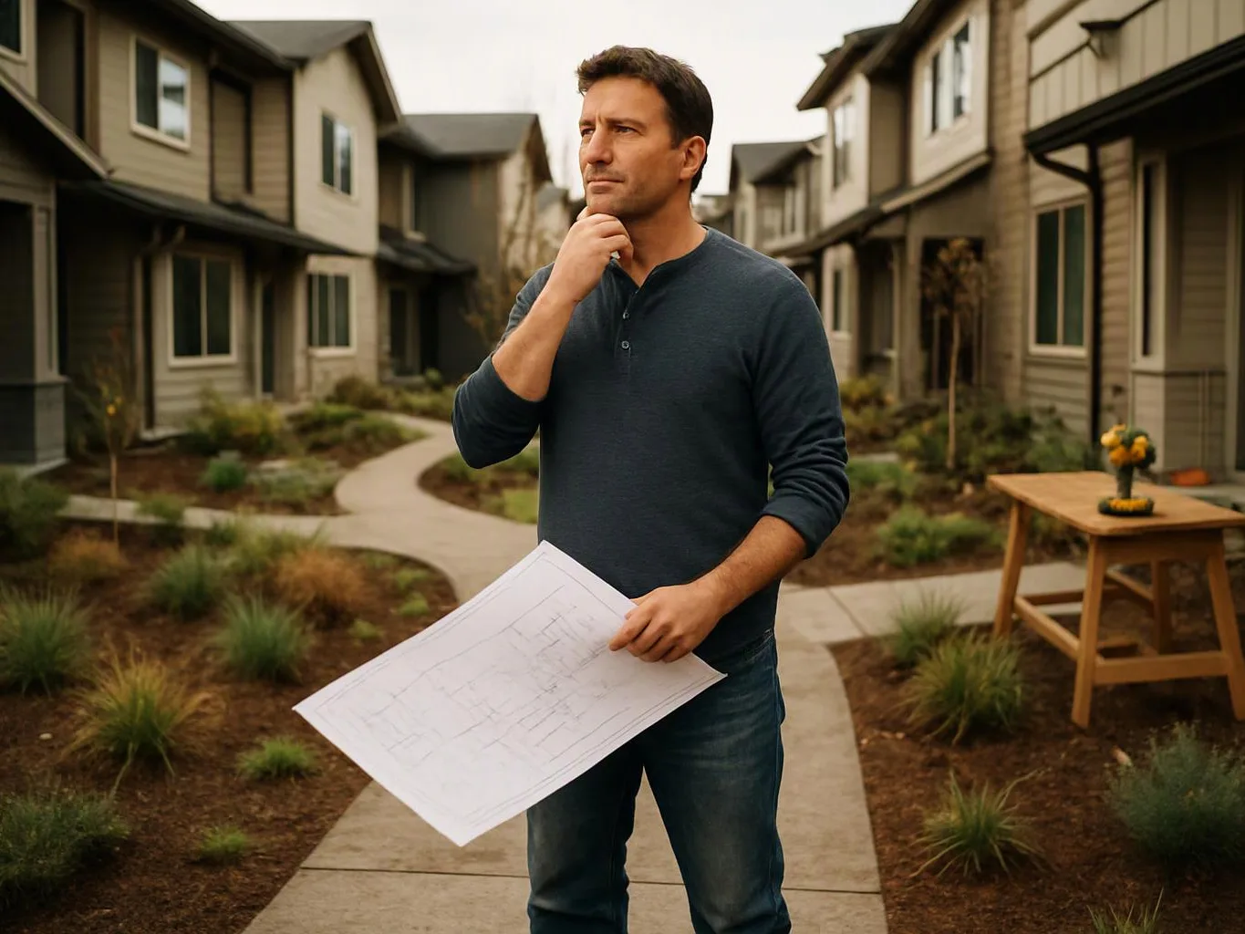 A man studies a large paper plan while standing on a path between townhouse-style homes