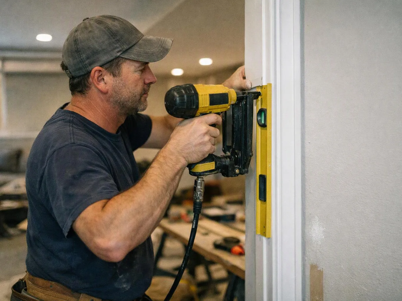 A man uses a yellow nail gun to install trim on a doorway inside a room under construction