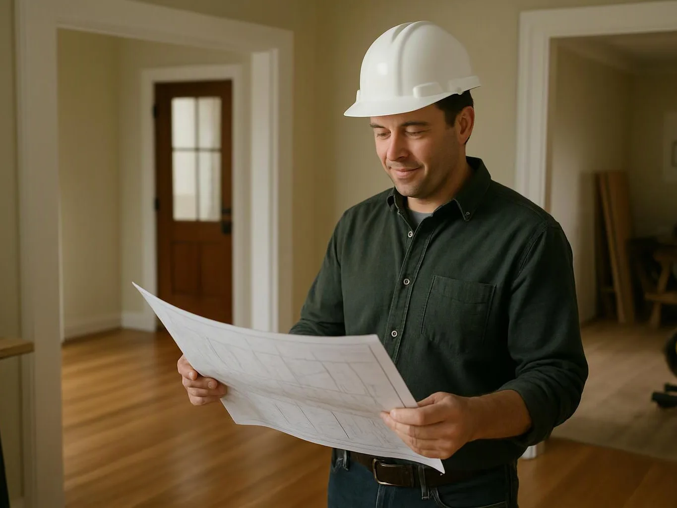 A man in a white hard hat studies a floor plan inside an empty house