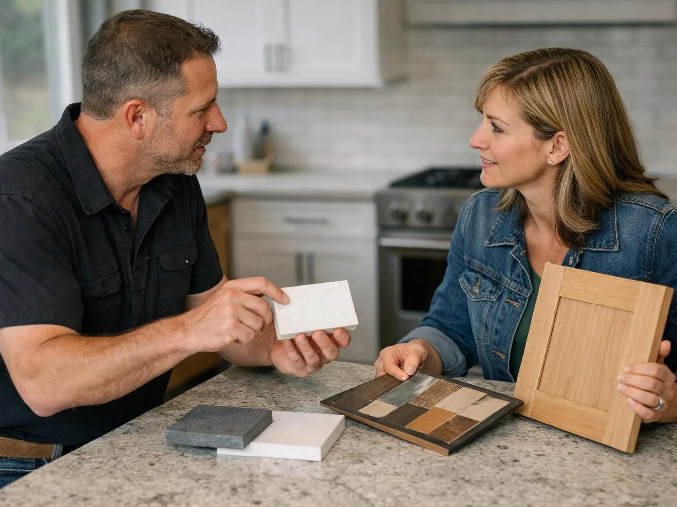 A man and woman compare cabinet and countertop samples at a kitchen island