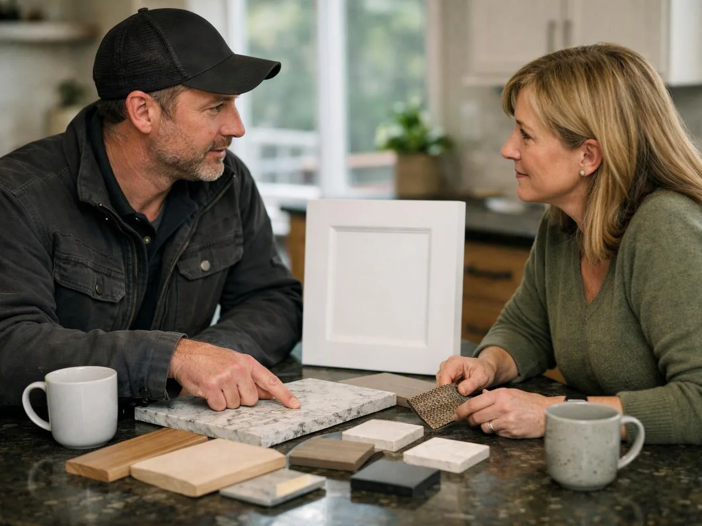 A man and woman compare countertop samples at a kitchen table with mugs and a cabinet door sample