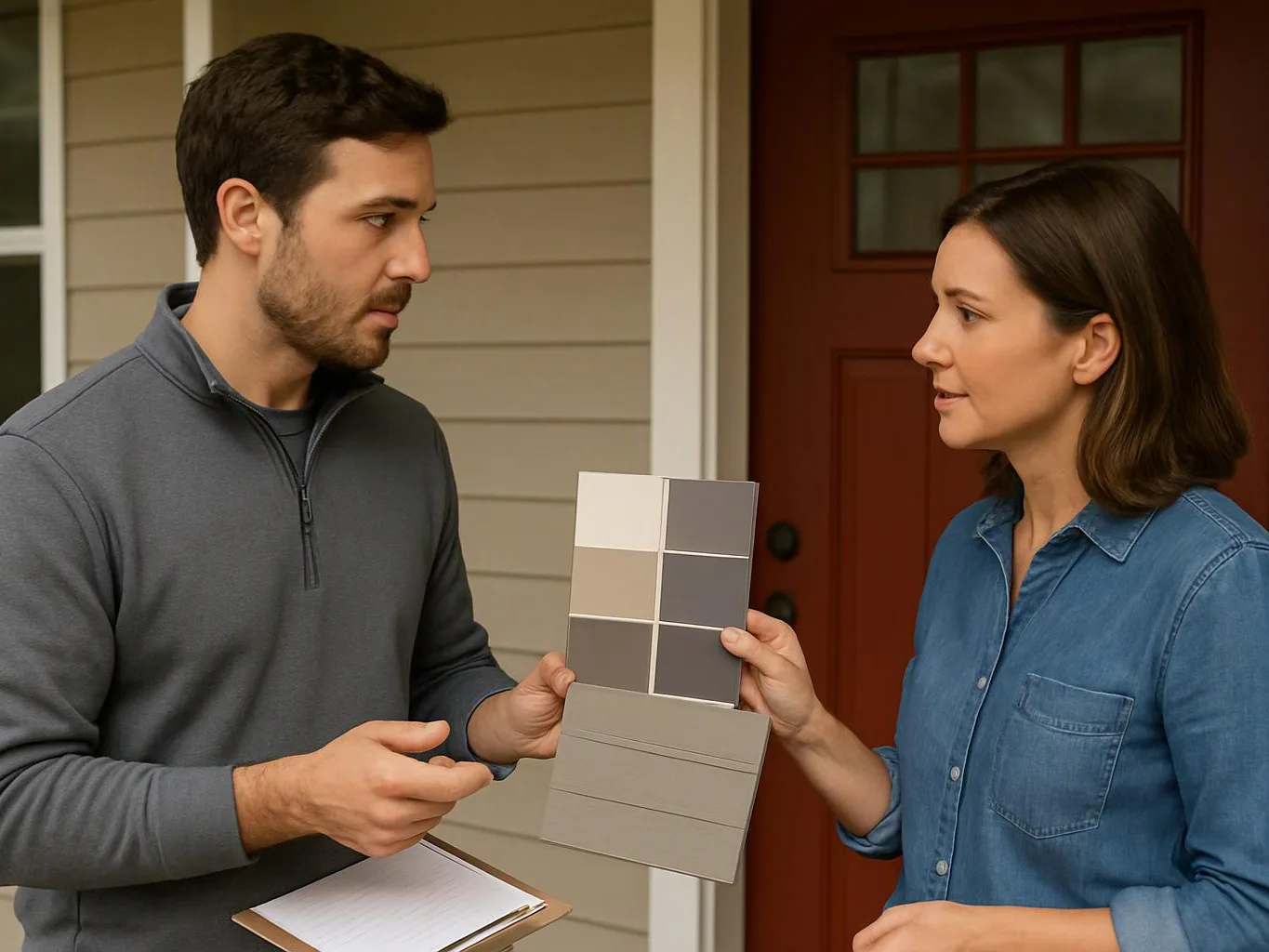 A man and woman compare paint swatches while standing outside a front door on a porch