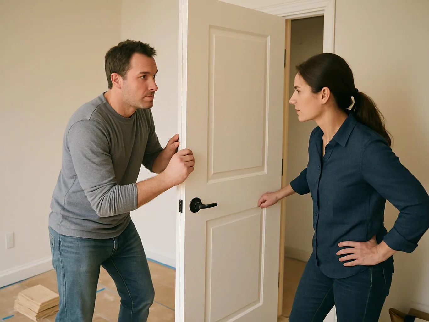 A man and woman face each other while holding a door in a bare room under renovation