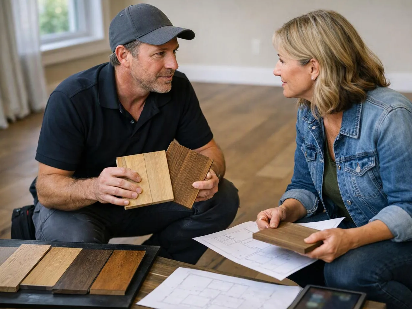 A man and woman kneel on a bare floor, comparing wood samples and floor plans in a bright room
