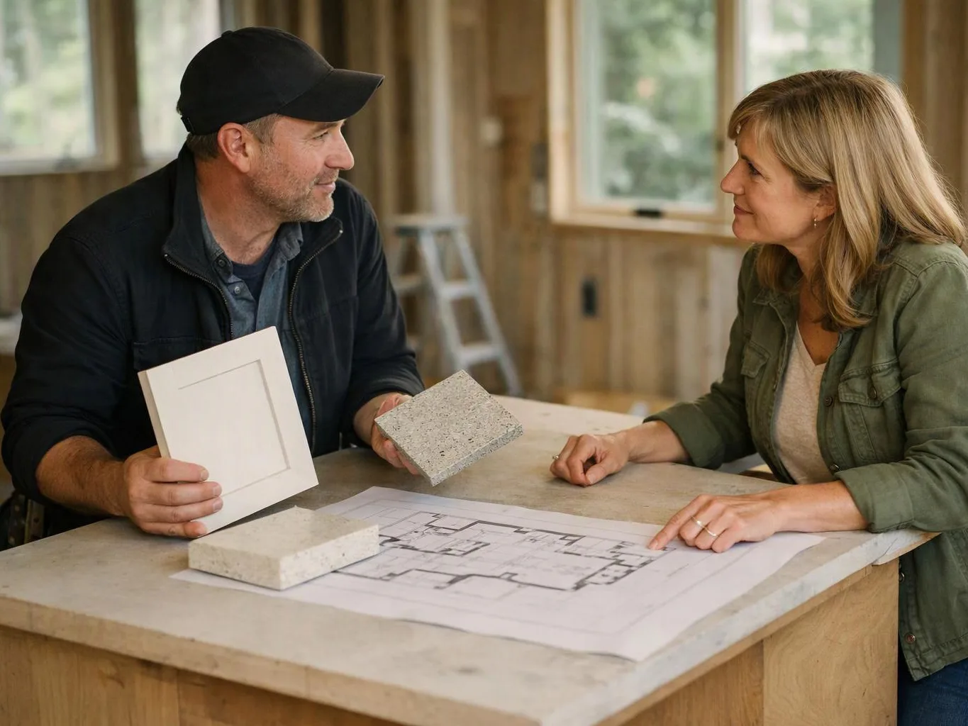 A man and woman review floor plans and material samples at a worktable inside an unfinished room