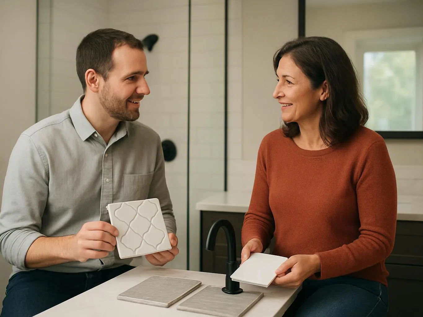 A man and woman smile while holding tile samples in a bright kitchen near a black faucet