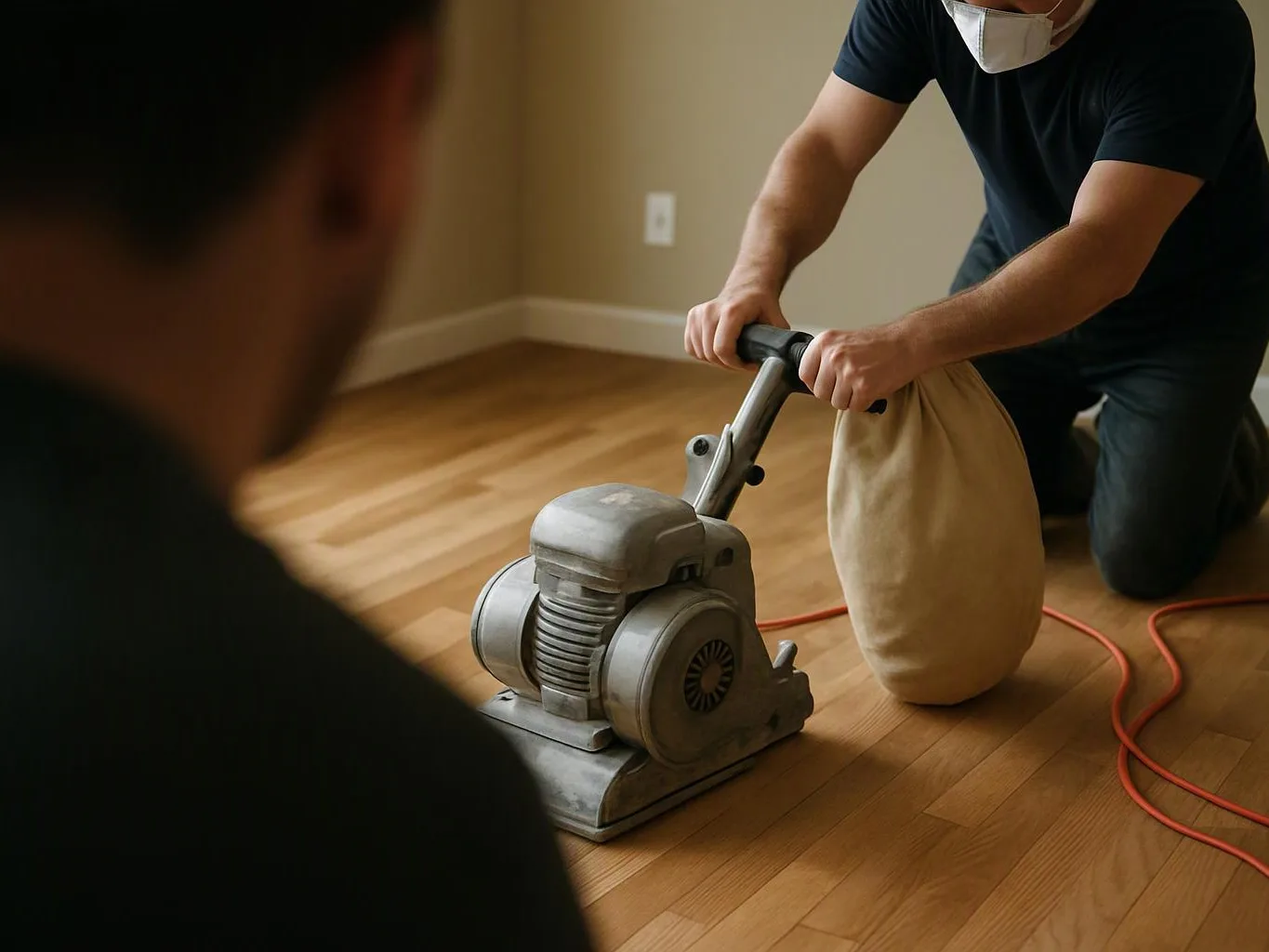 A masked person kneels on a wood floor using a floor sander with a dust bag attached