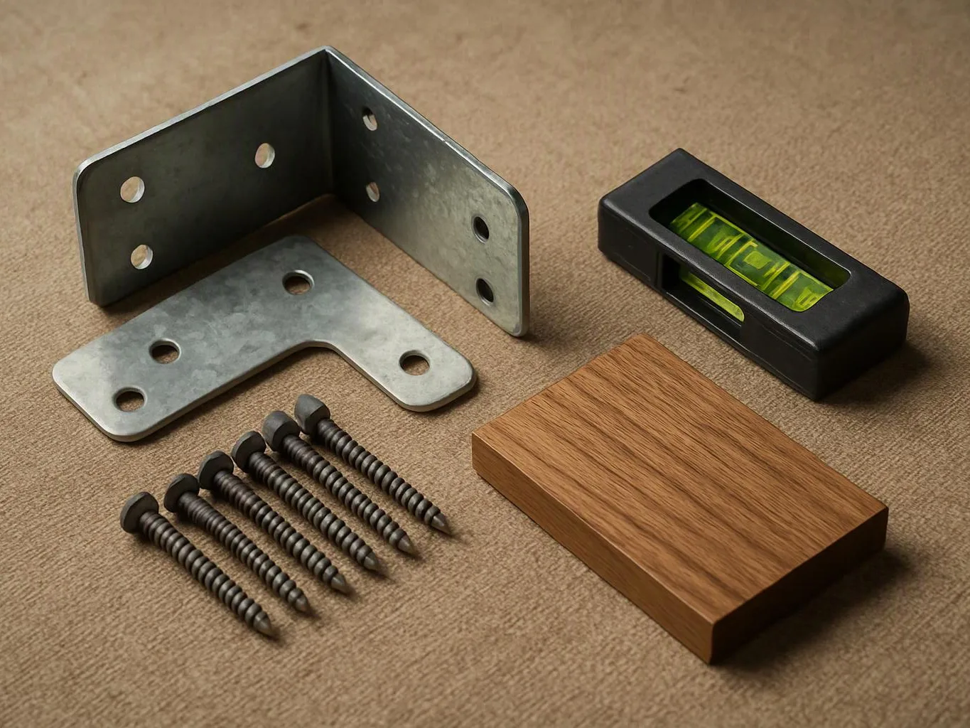 Metal brackets, screws, a small bubble level, and a wooden block lie on a tan surface