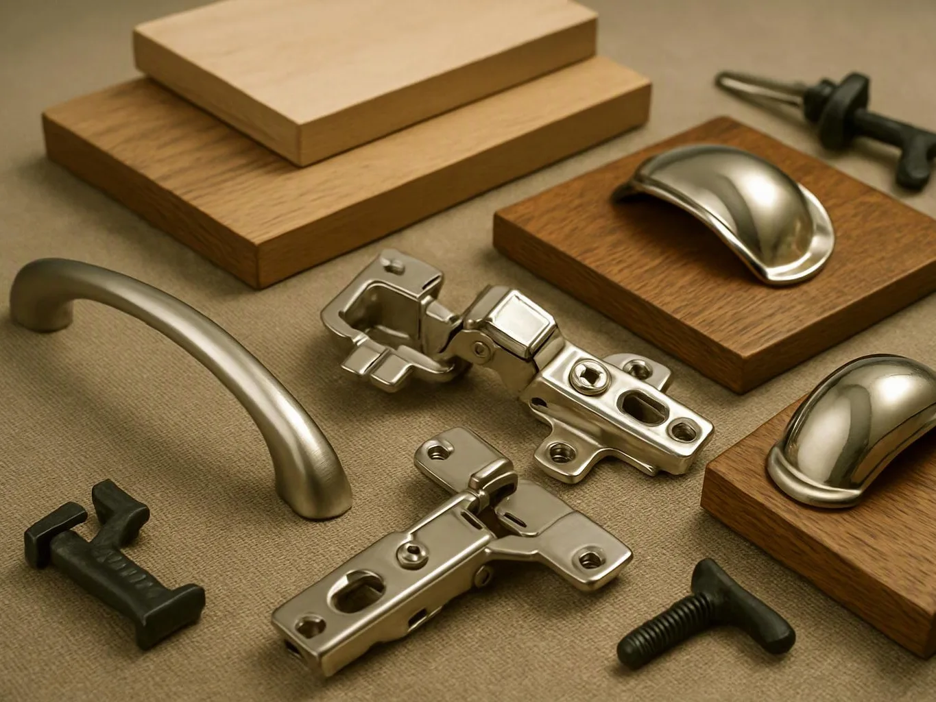 Metal cabinet handles and hinges are arranged on wood samples over a beige fabric background