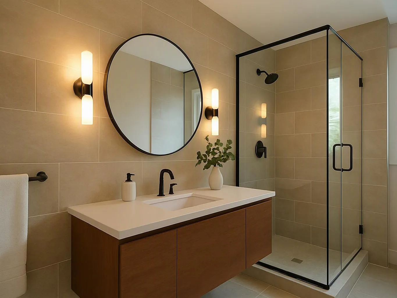A modern bathroom shows a floating vanity, round mirror, lit wall sconces, and a glass shower enclosure