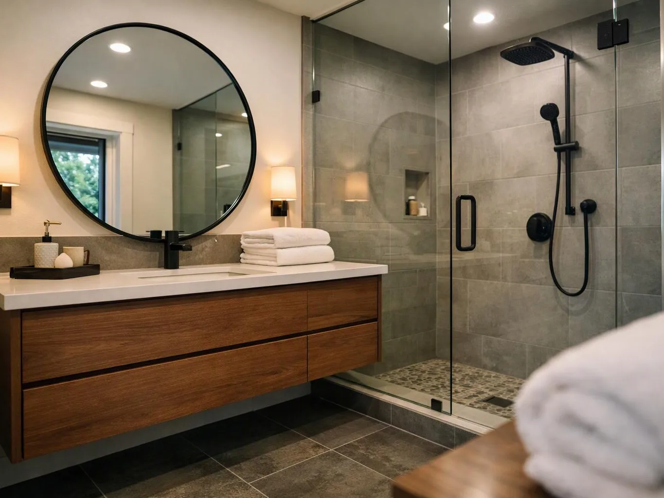 A modern bathroom shows a wooden vanity, round mirror, glass shower, and folded white towels