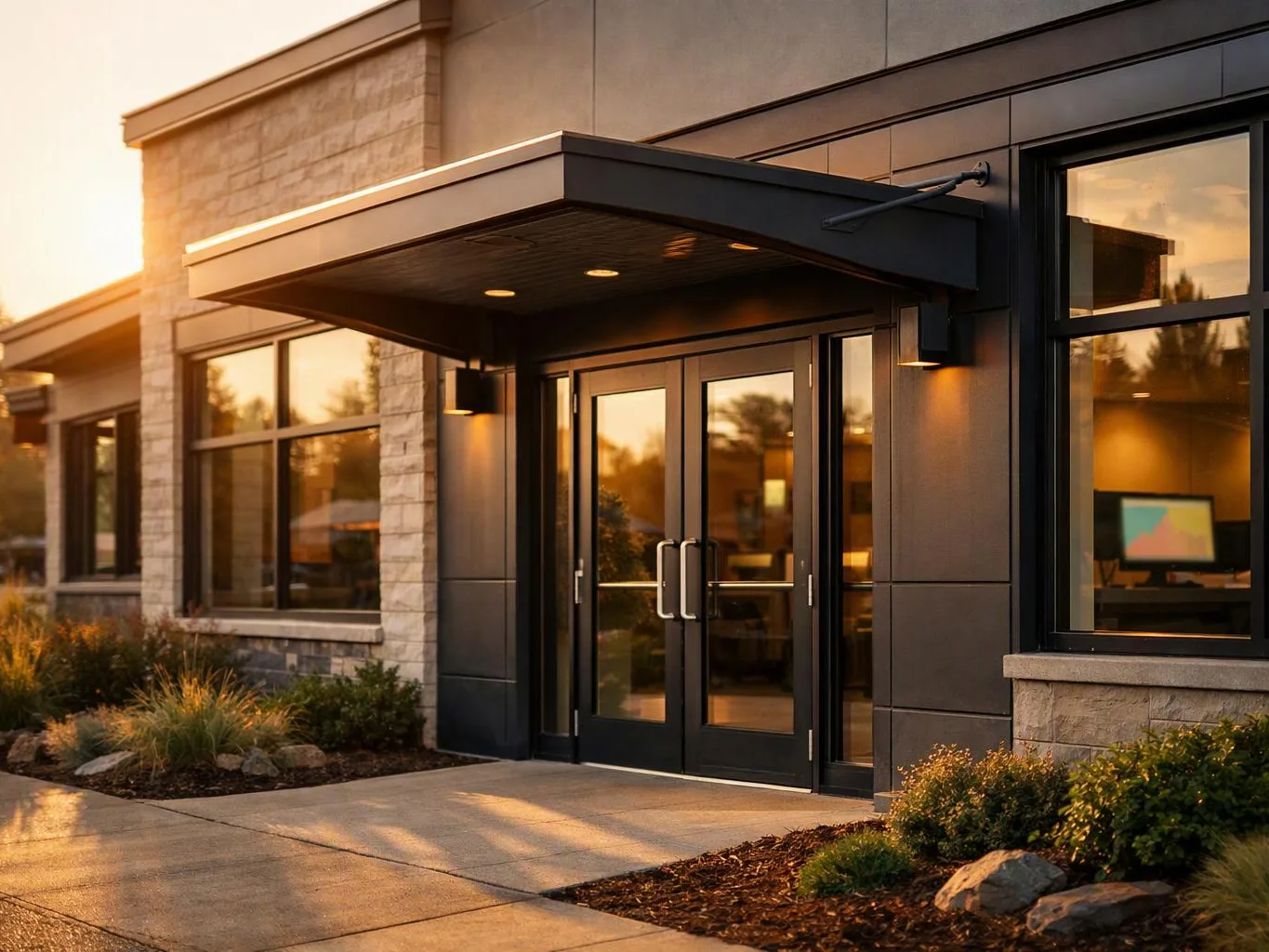 A modern building entrance with glass double doors, dark metal panels, and warm evening light reflecting on the windows