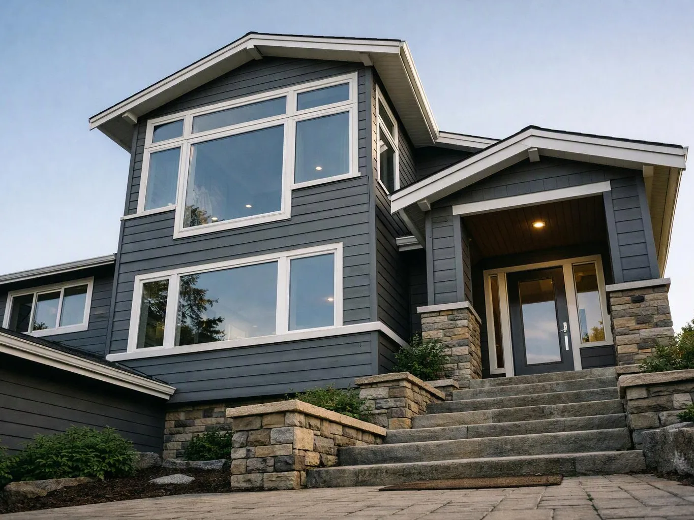 A modern gray house with large windows stands above stone steps under a clear sky