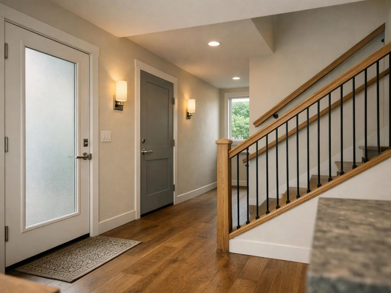 A modern hallway shows two doors, wall lights, wood flooring, and a staircase with black railing