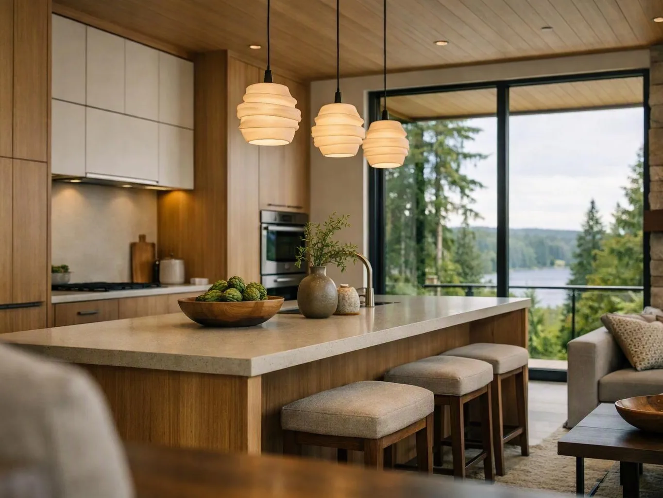 A modern kitchen with a large island, pendant lights, stools, and a lake view through tall windows