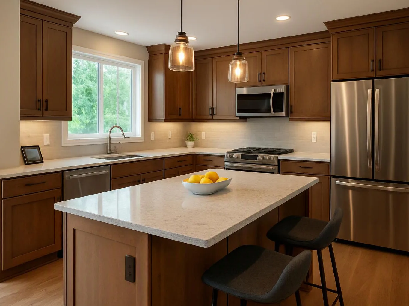 A modern kitchen shows dark wood cabinets, a central island with lemons, stainless appliances