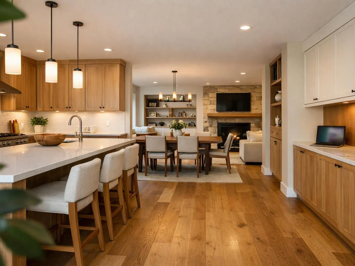 A modern open kitchen and living room shows wood cabinets, an island, dining table, and a stone fireplace
