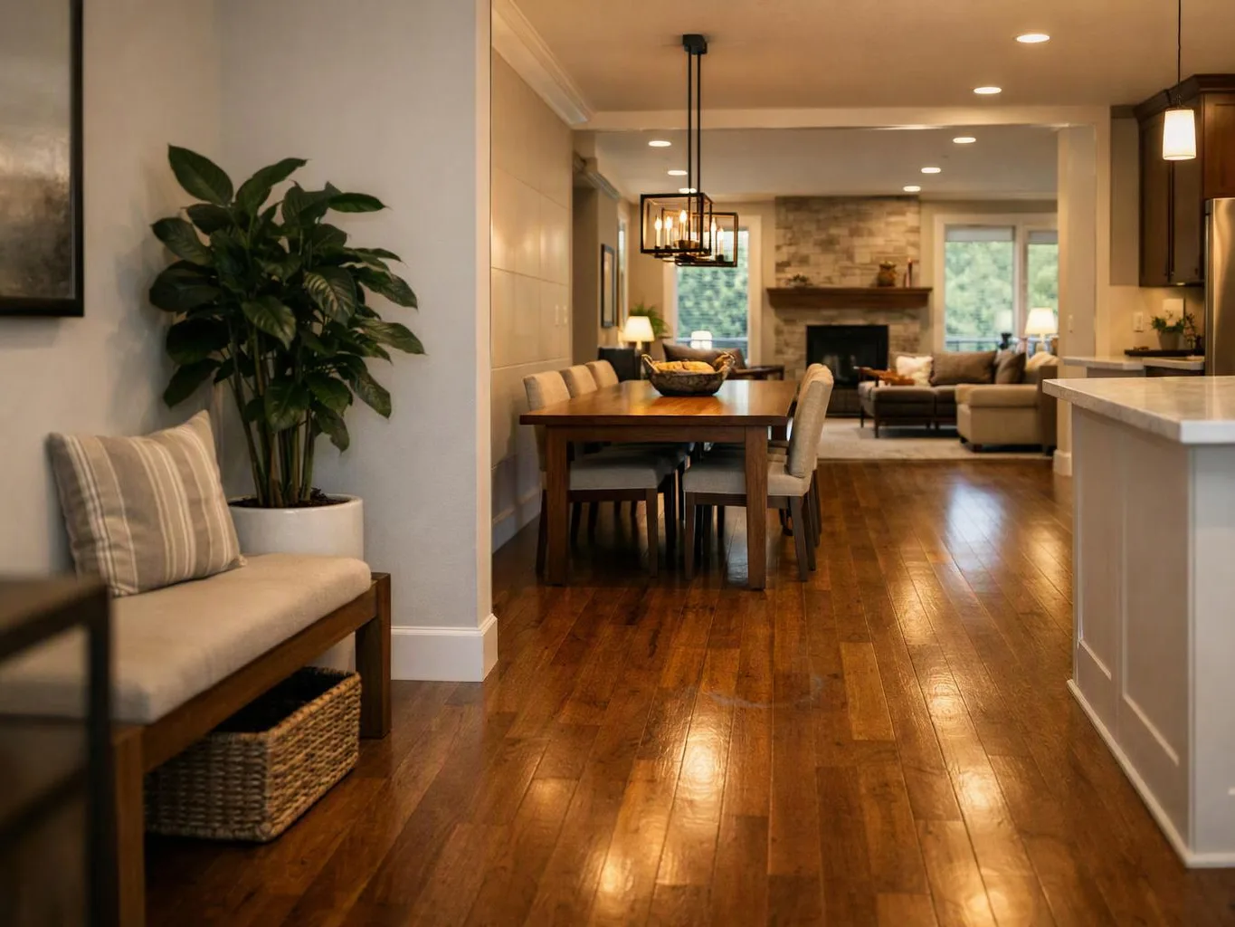 A modern open-plan living and dining room with wood floors, a fireplace, and a bench by a tall plant