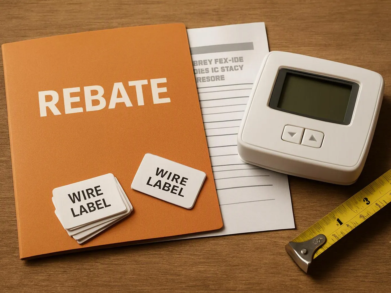 Orange rebate folder with wire labels, a form, a thermostat, and a tape measure on a wooden table