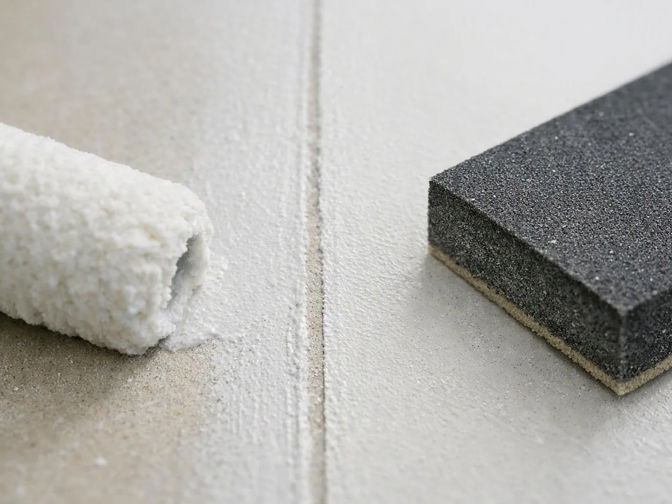 A paint roller and sanding block rest on a white floor beside a thin seam