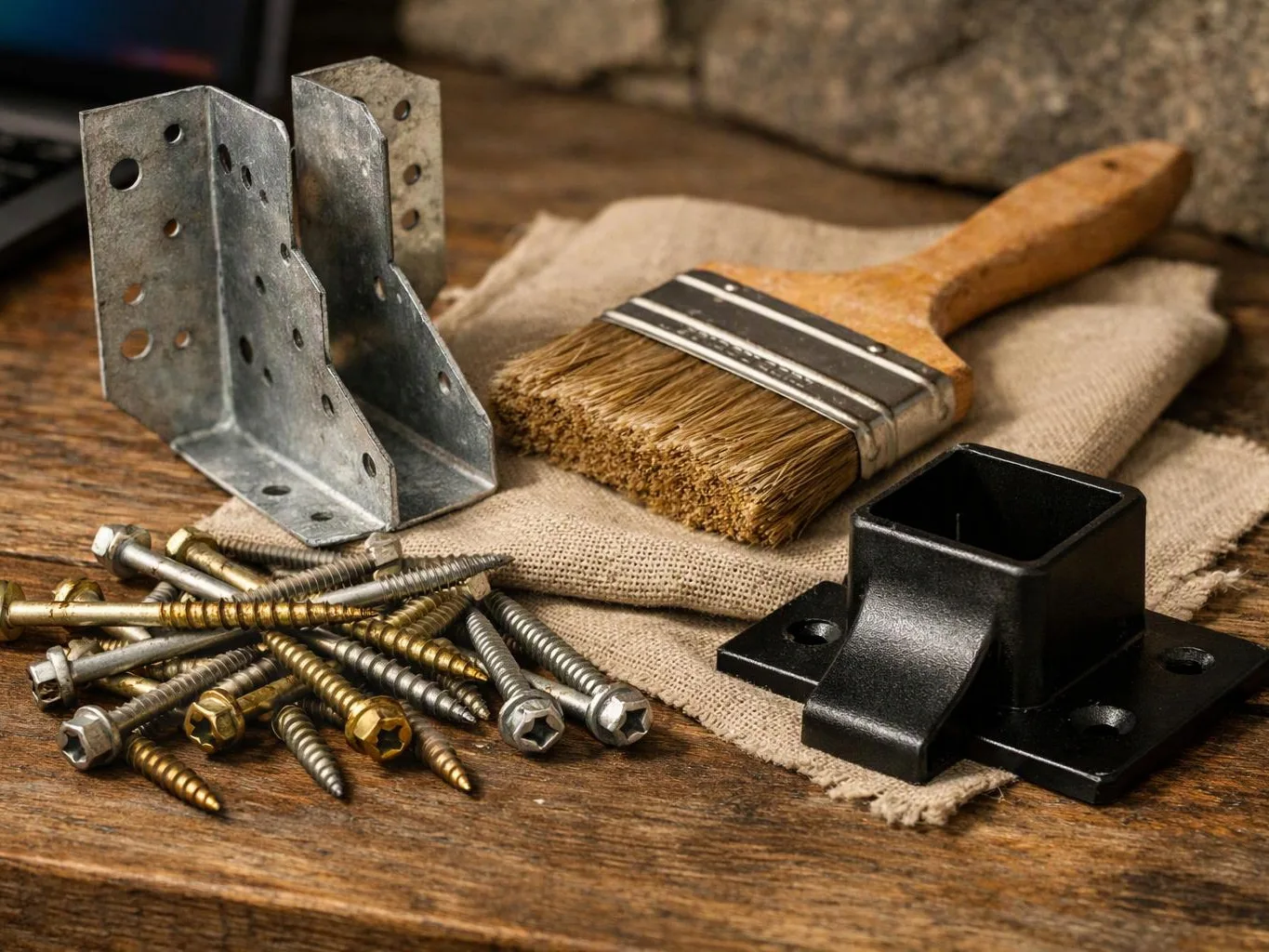 A paintbrush, metal brackets, screws, and a black post base sit on a wooden workbench with burlap cloth