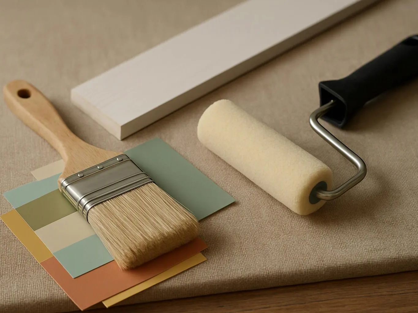 A paintbrush, roller, white board, and color swatches rest on a fabric-covered surface