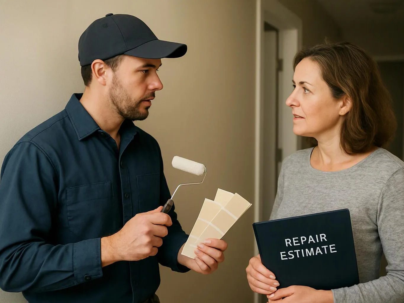 A painter holds a roller and color swatches while speaking to a woman holding a repair estimate folder inside a hallway
