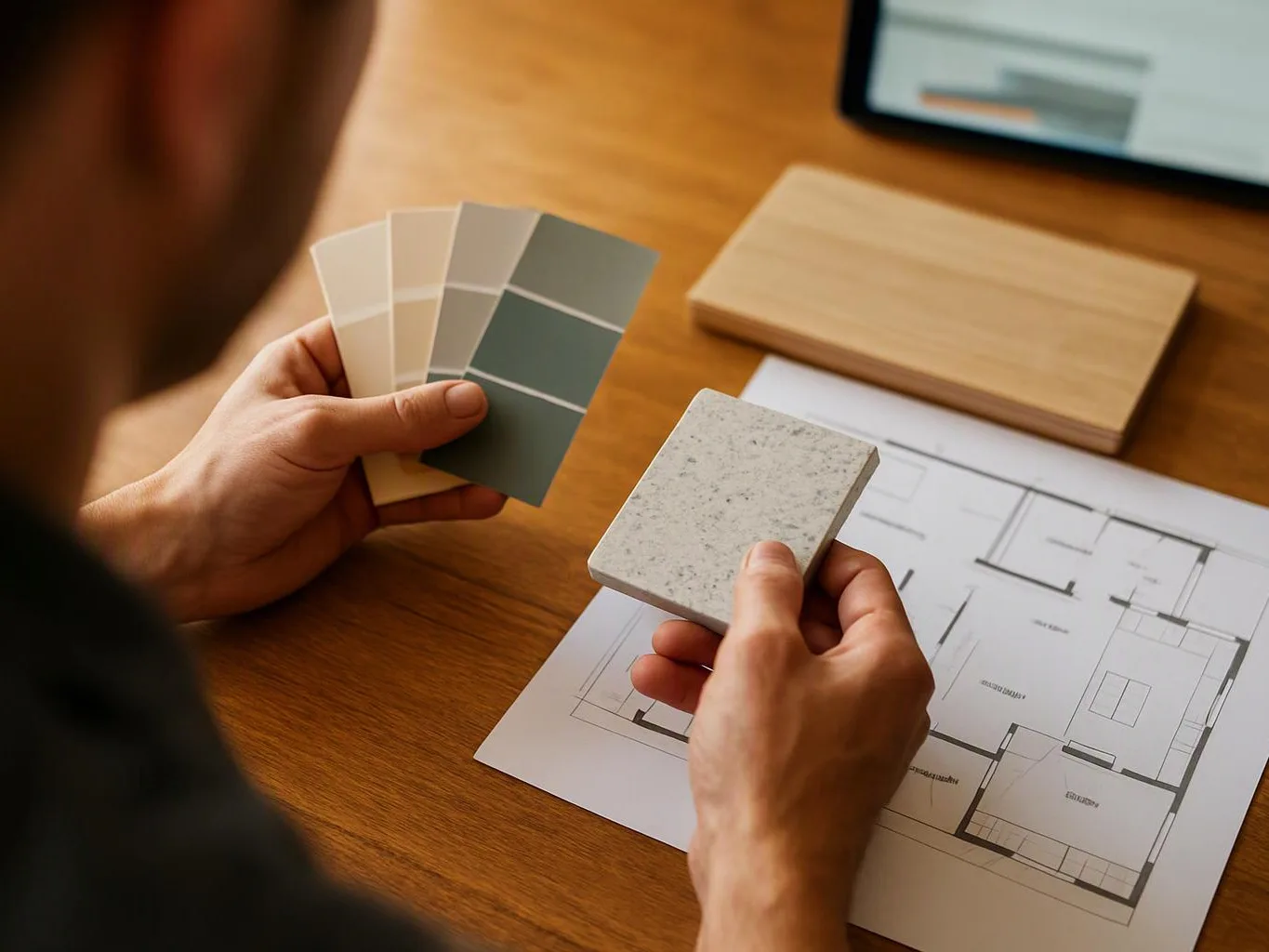 A person compares paint swatches and a stone sample over a floor plan on a wooden table