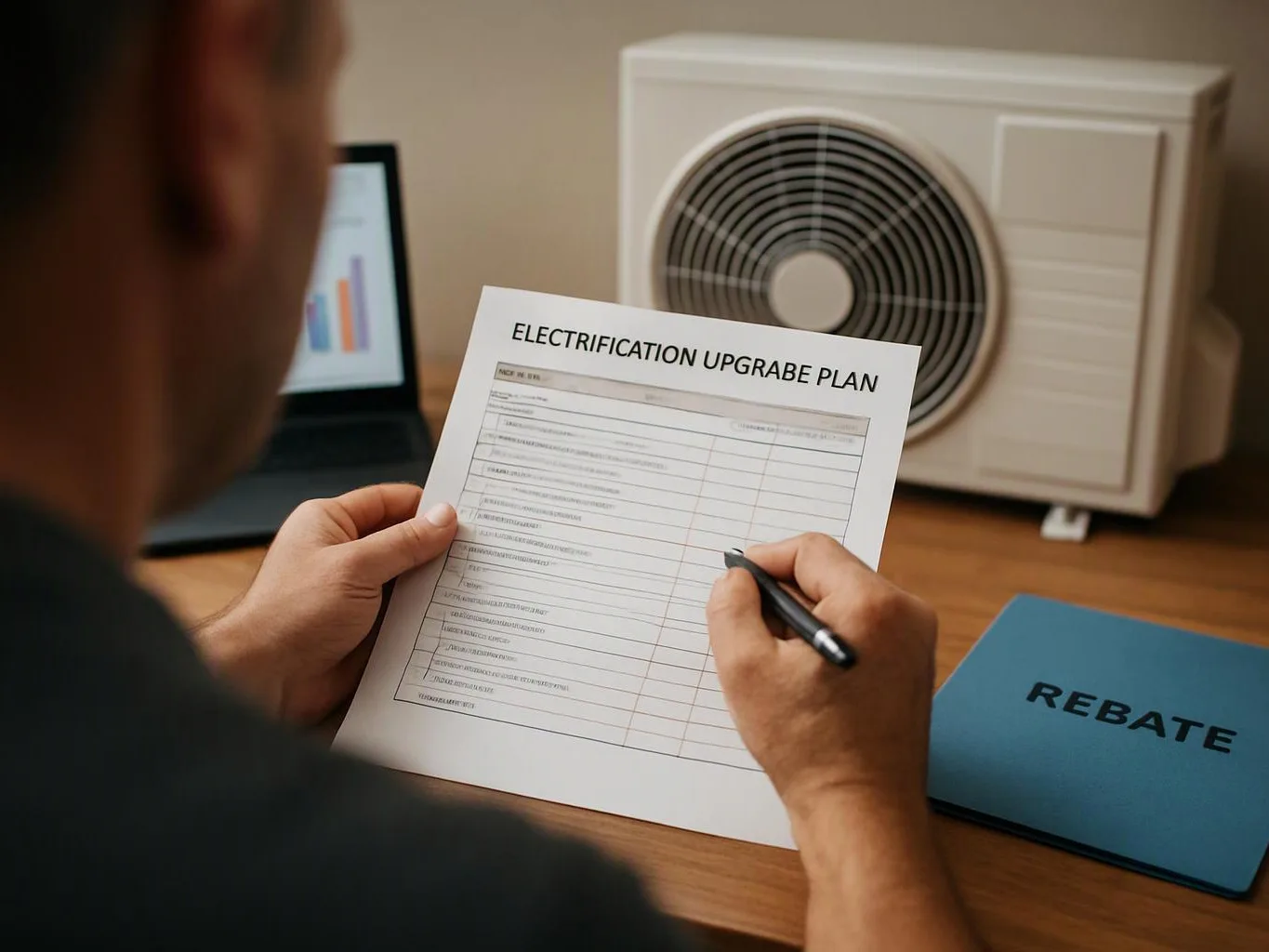 A person fills out an electrification upgrade plan at a desk beside a heat pump and a rebate folder