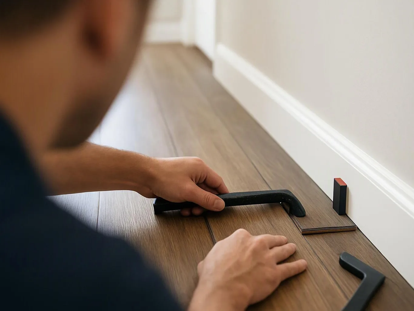 A person fits a floor board with a black tool beside a white wall on a wood floor