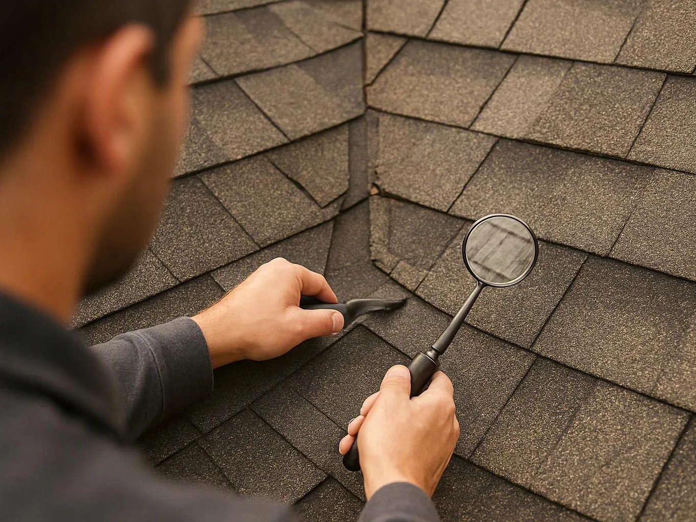 A person inspects roof shingles with a magnifying glass and scraper at a roof corner