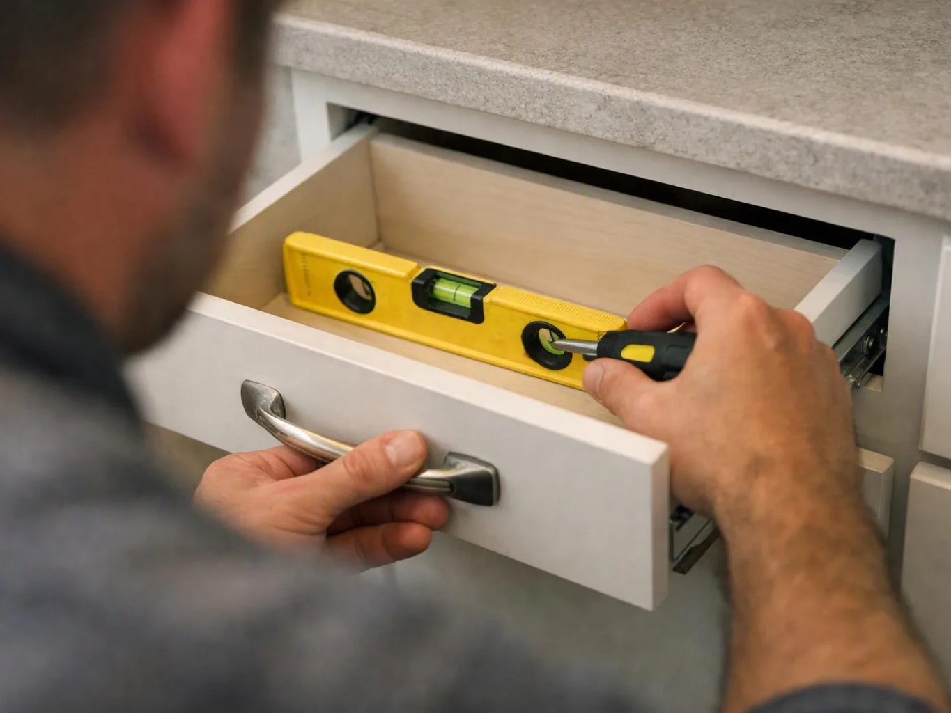 A person levels a kitchen drawer with a yellow spirit level and screwdriver, beside a stone countertop
