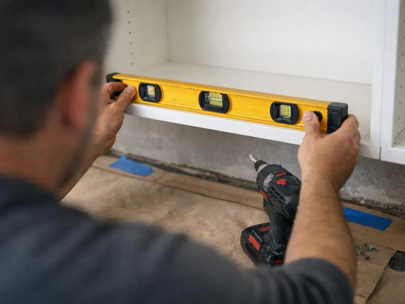 A person levels a white cabinet shelf with a yellow spirit level while holding a drill nearby