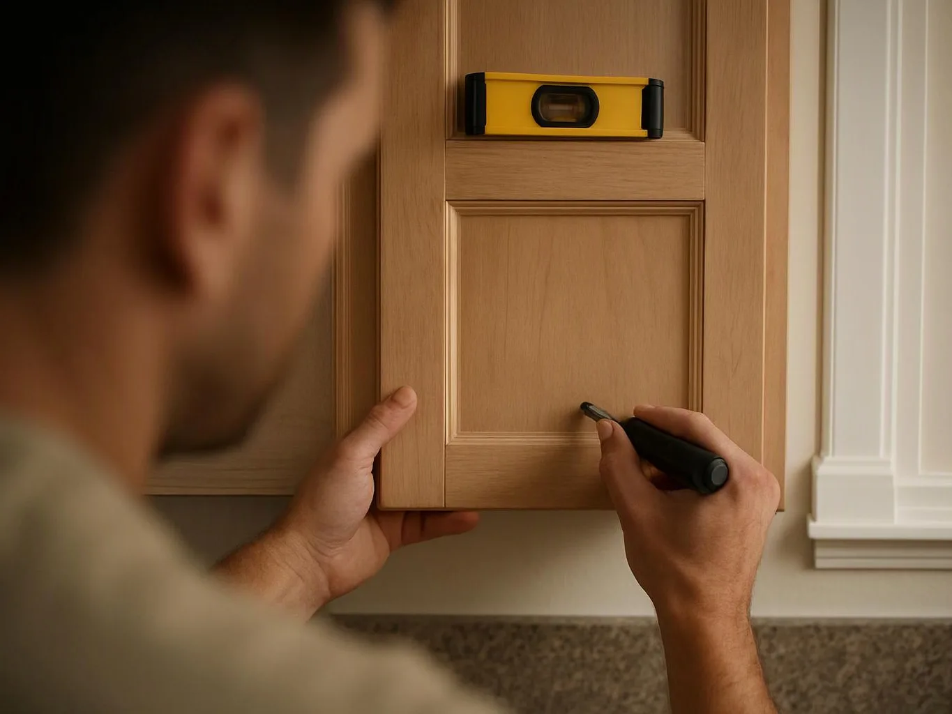 A person marks a wooden cabinet door with a pencil while holding it level with a yellow spirit level