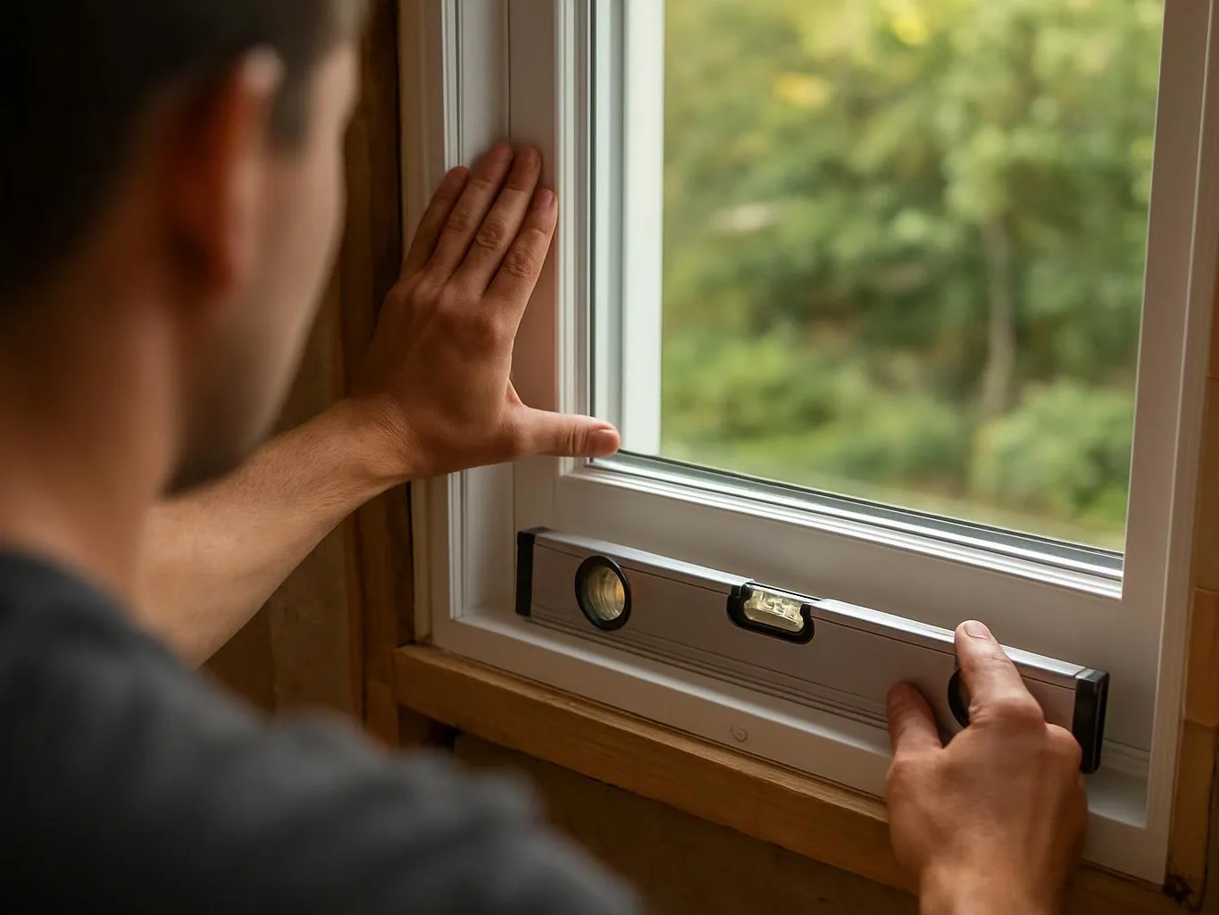 A person measures a window frame with a level, with green trees blurred outside