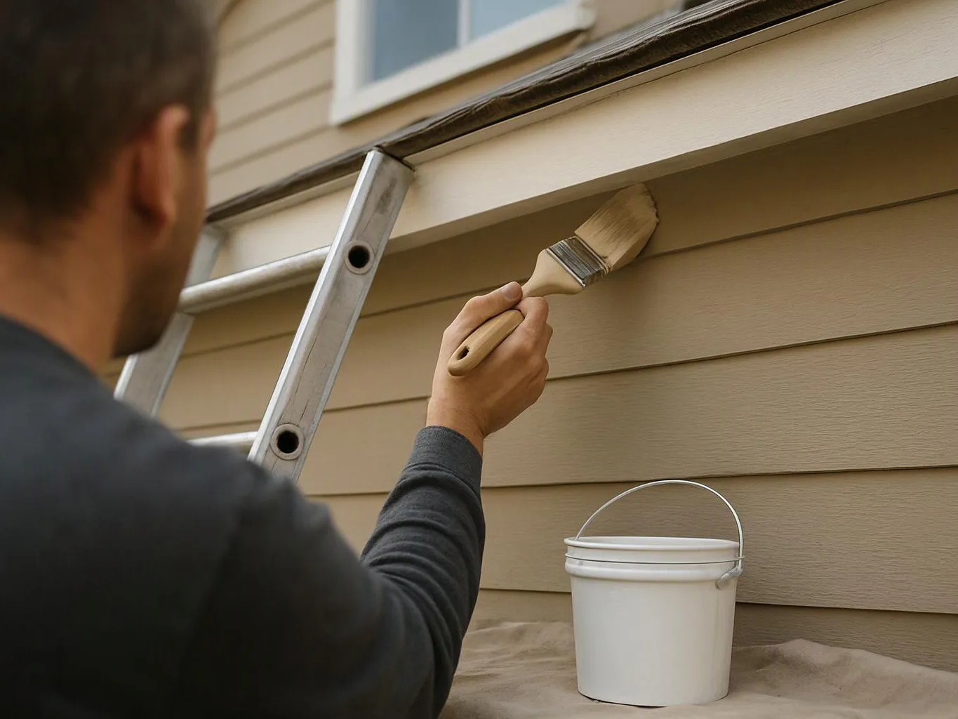 A person paints beige house siding beside a ladder, with a white bucket on the ground