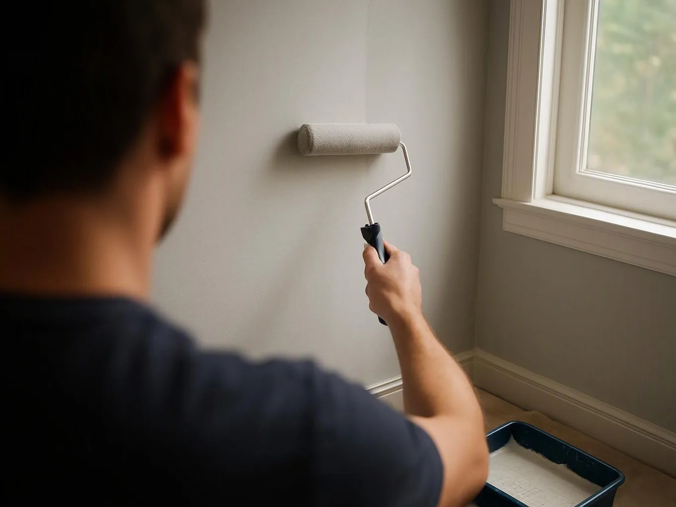 A person paints a light gray wall with a roller beside a sunlit window