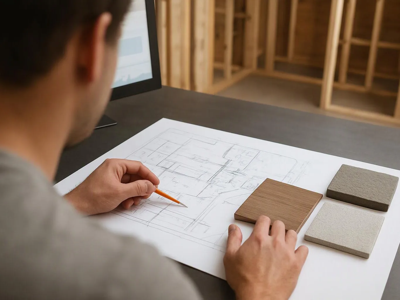 A person sketches a floor plan while comparing wood and tile samples on a desk