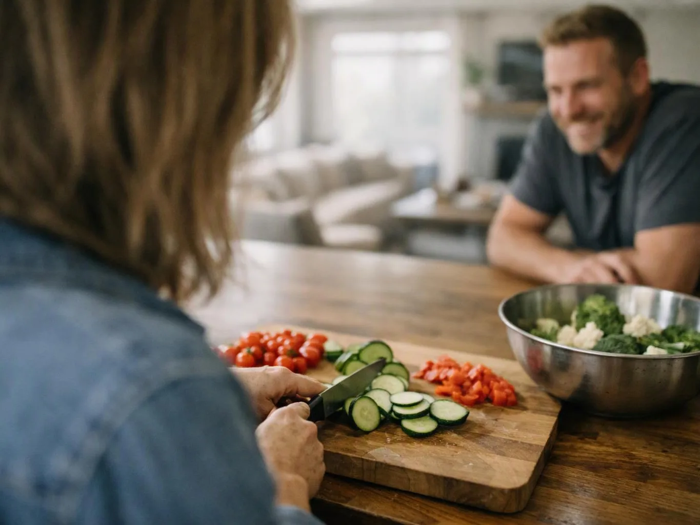 A person slices cucumbers on a cutting board while another smiles across a kitchen table